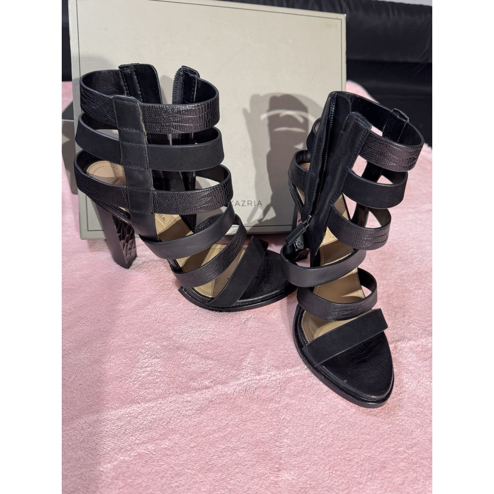 BCBGMAXAZRIA Womens Black Strappy Open Toe Block Heel Ankle Strap Zip 7.5